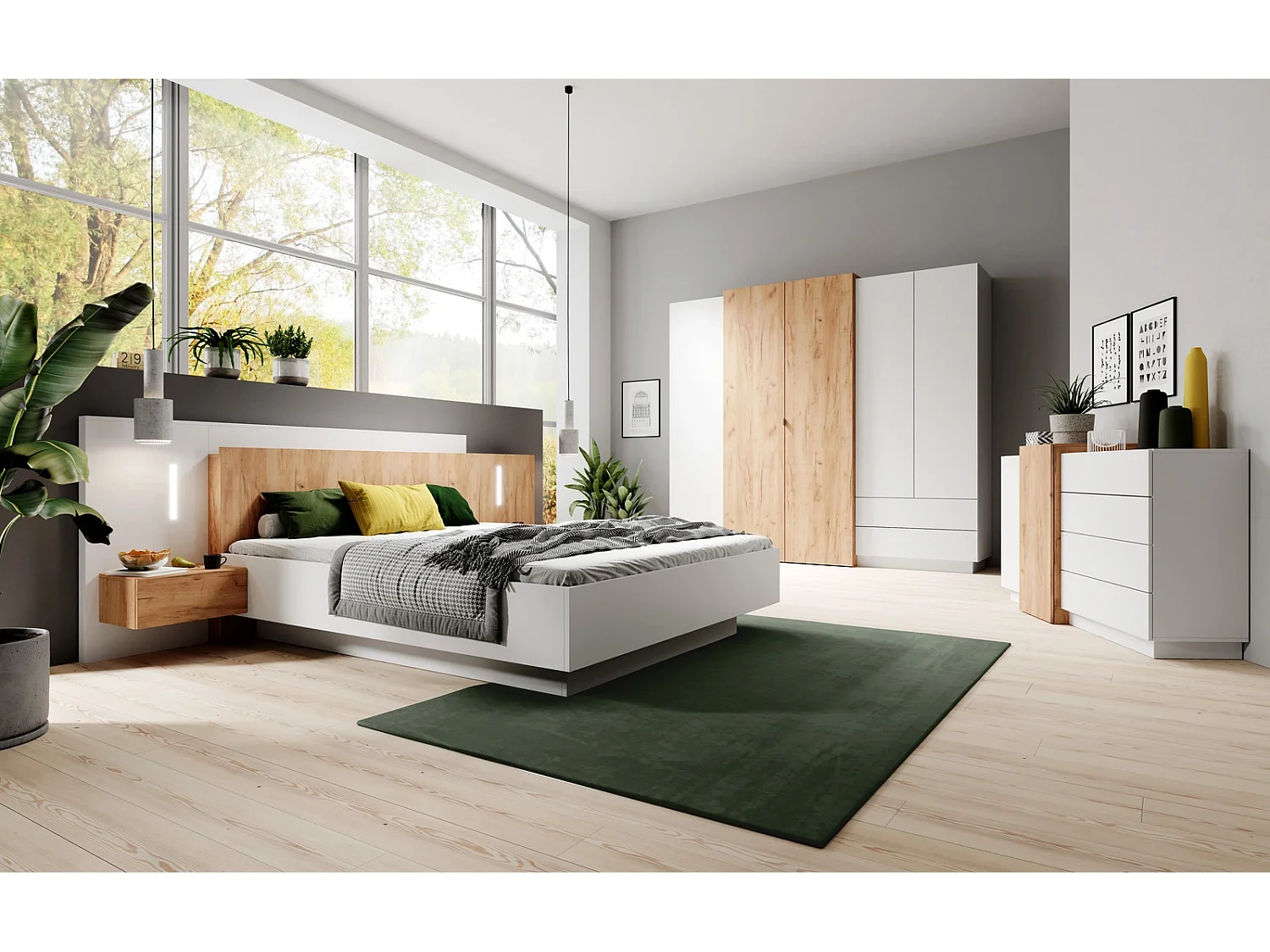 Kleiderschrank Viano H 230 cm mit 5 Türen, 2 Schubladen und Innenspiegel - Weiß / Eiche Craft Gold