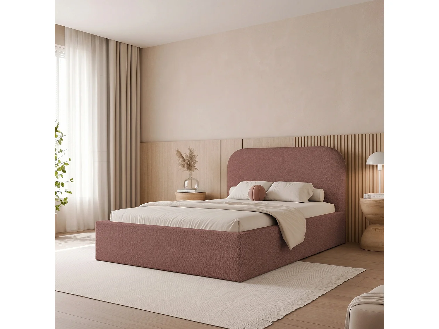 Lit Coffre 1 place et demi FUZZI 120x200 cm avec Sommier à Lattes - Tissu Texturé Terre Cuite (Lumi 56)