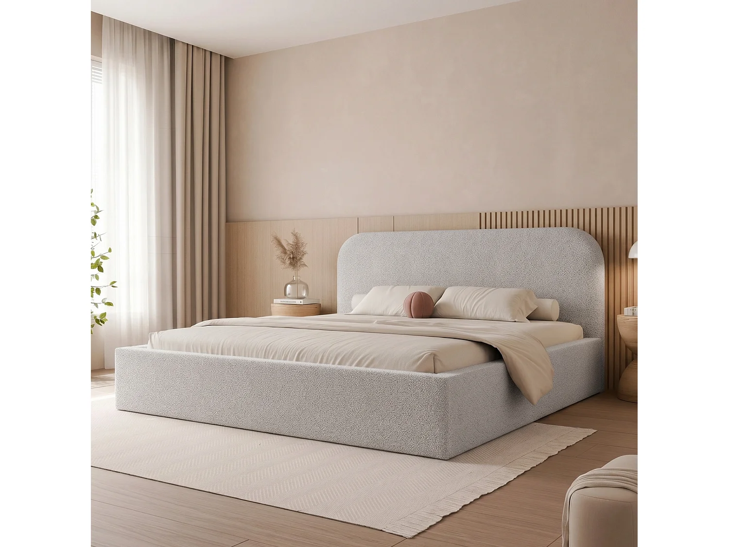 Lit Coffre 2 places FUZZI 140x200 cm avec Sommier à Lattes - Tissu Bouclé Gris (Now or Never 83)