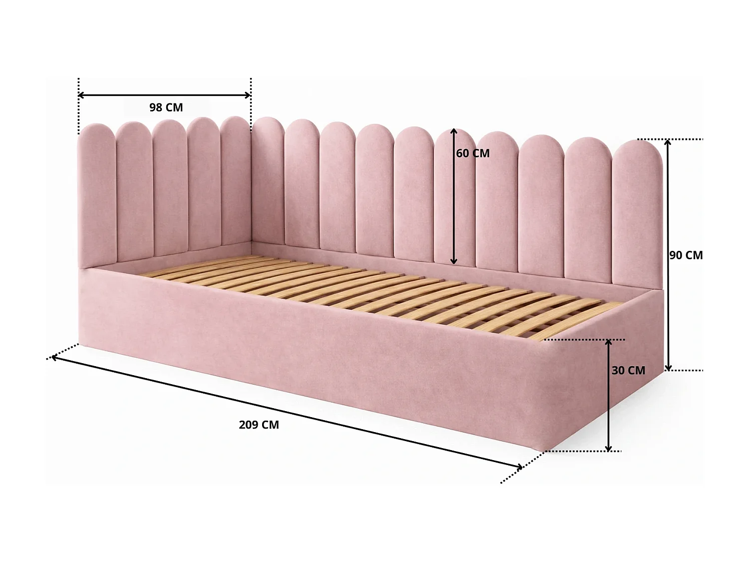 Lit Enfant et Ado Junior avec Panneaux Muraux Rembourrés - 100x200 cm - Velours Rose - Coffre