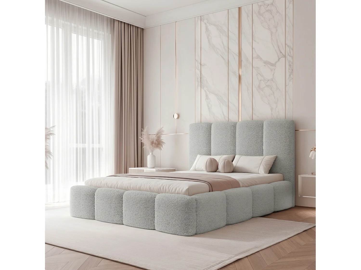 Lit Coffre XXL LANDARE 200x200 cm avec Sommier à Lattes - Tissu Bouclé Gris Platine (Coral 85)