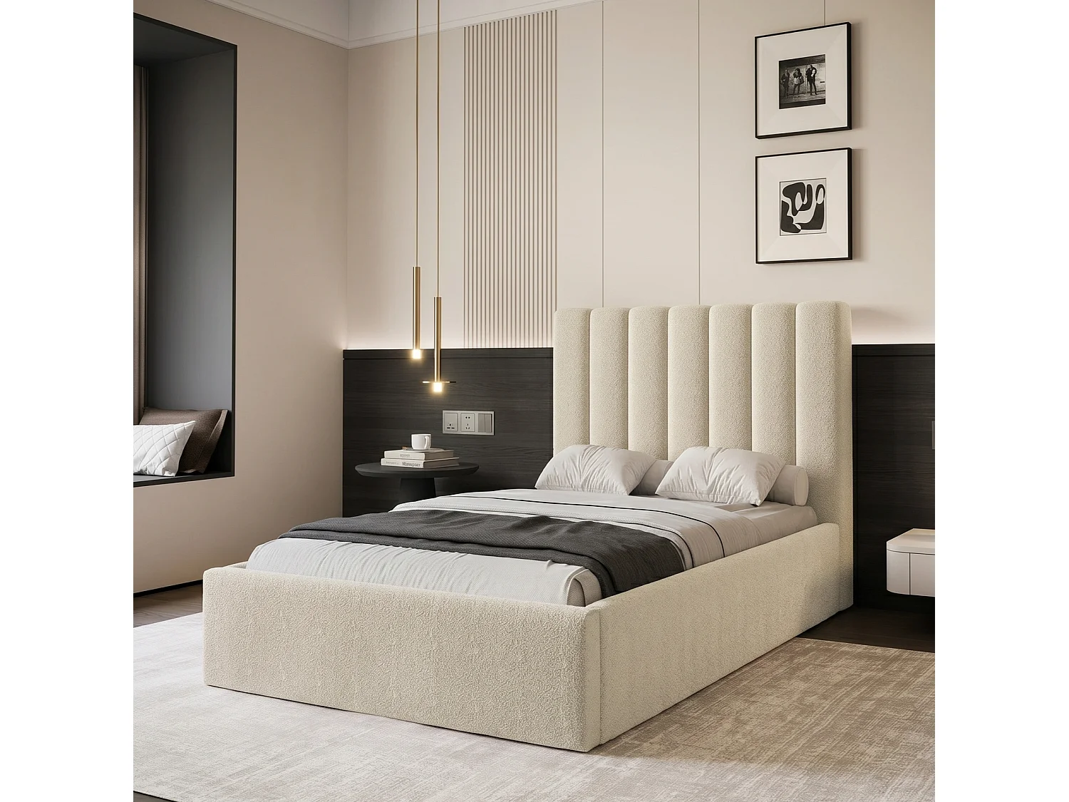 Lit Coffre CIERO 120x200 cm avec Sommier à Lattes - Tissu Bouclette Beige (Abriamo)