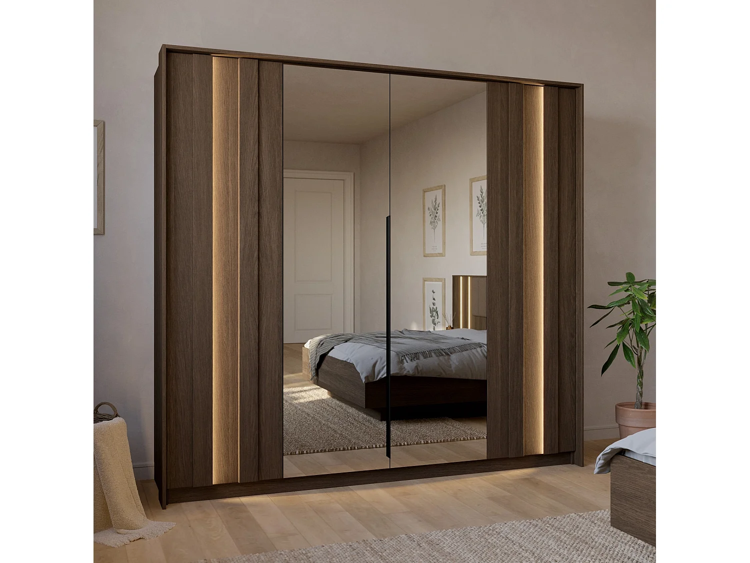 Kleiderschrank LUPO 223 cm mit 4 Türen, Spiegeln und LED - Eiche Dunin