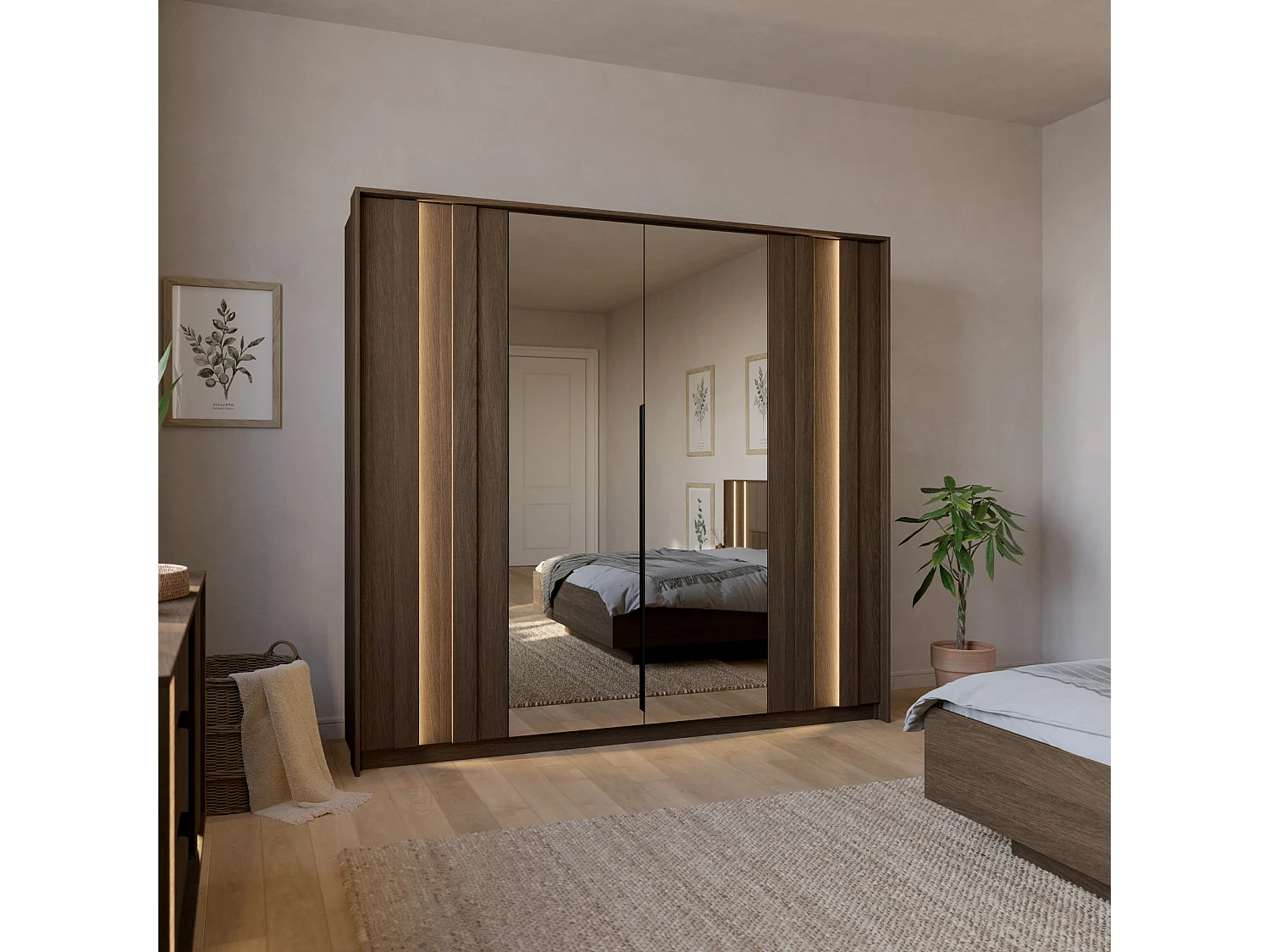 Kleiderschrank LUPO 223 cm mit 4 Türen, Spiegeln und LED - Eiche Dunin