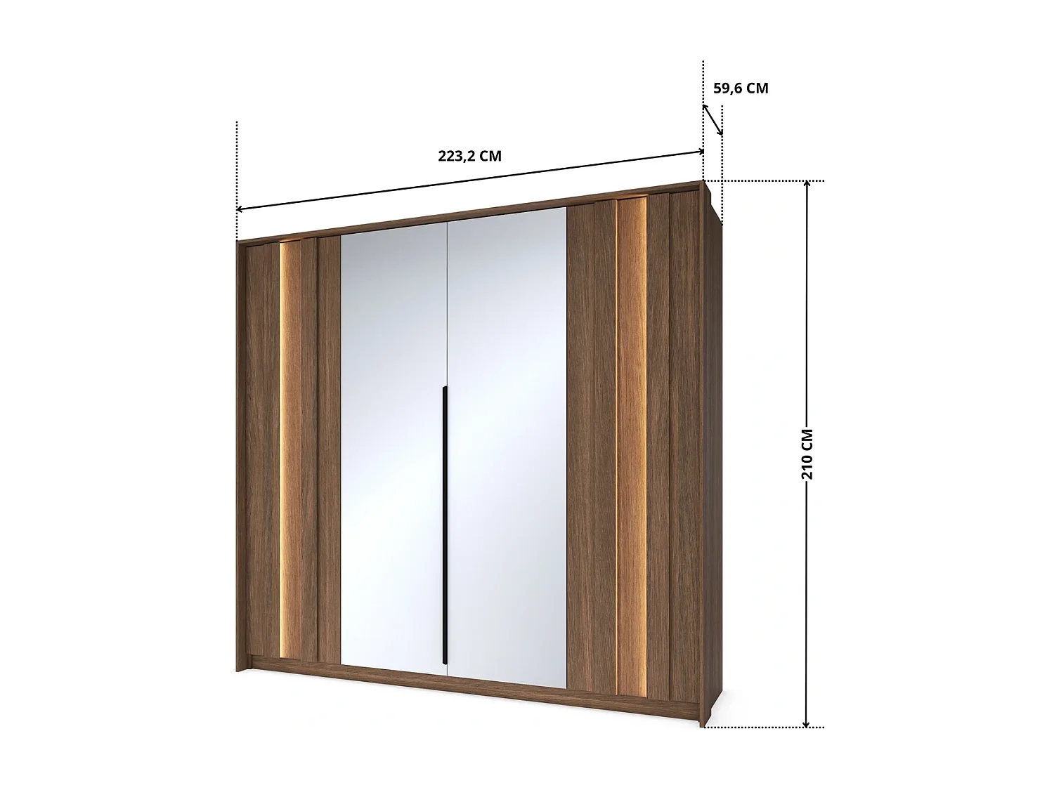 Kleiderschrank LUPO 223 cm mit 4 Türen, Spiegeln und LED - Eiche Dunin