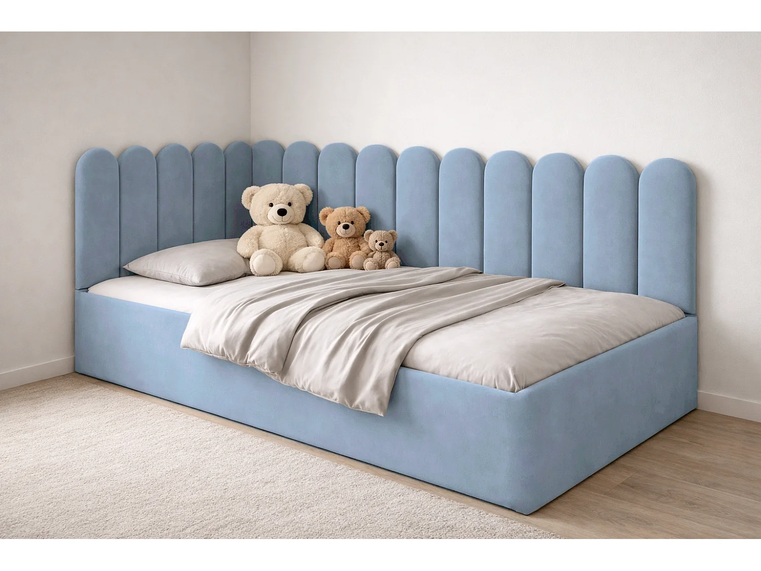 Lit Enfant et Ado Junior avec Panneaux Muraux Rembourrés - 90x200 cm - Velours Bleu Clair - Coffre