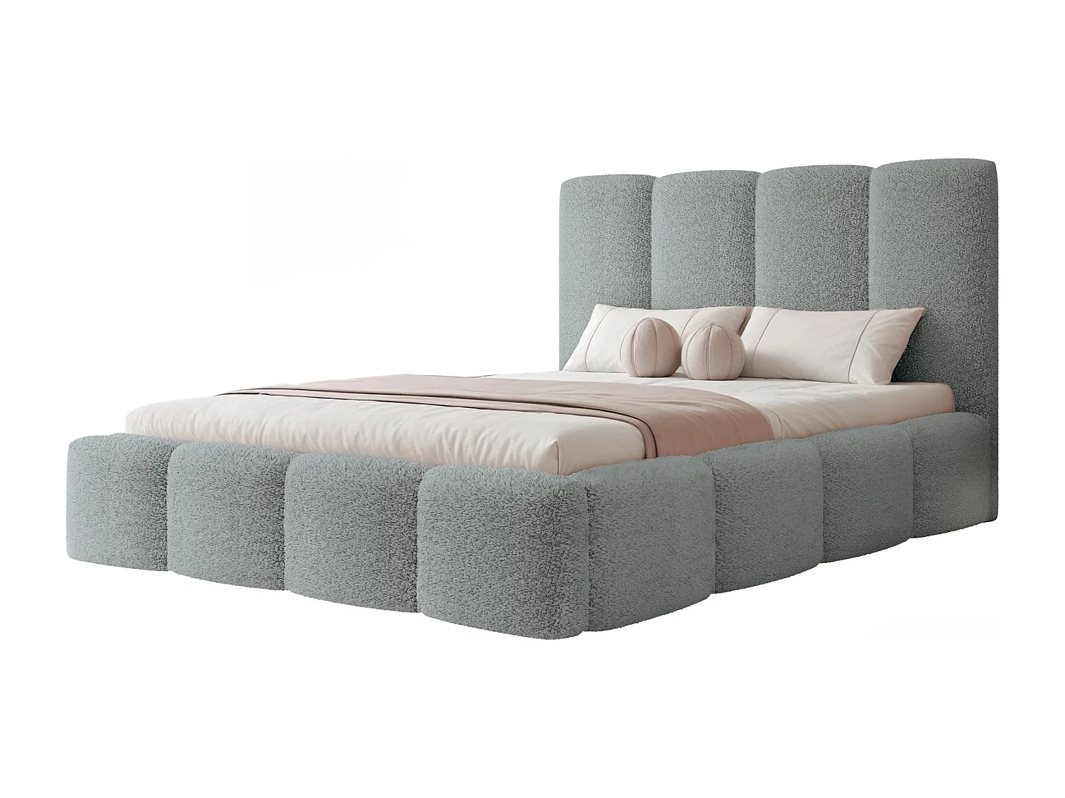 Lit Coffre 2 places LANDARE 140x200 cm avec Sommier à Lattes - Tissu Bouclé Gris Clair (Coral 75)