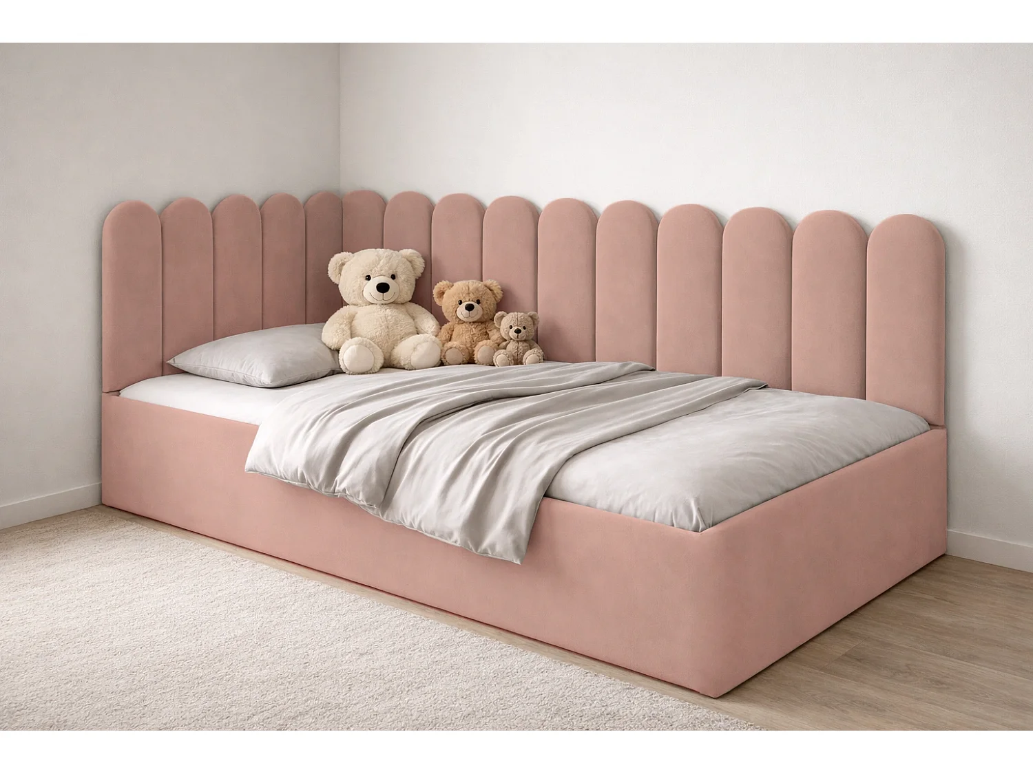 Lit Enfant et Ado Junior avec Panneaux Muraux Rembourrés - 90x200 cm - Velours Rose Poudré Foncé - Coffre