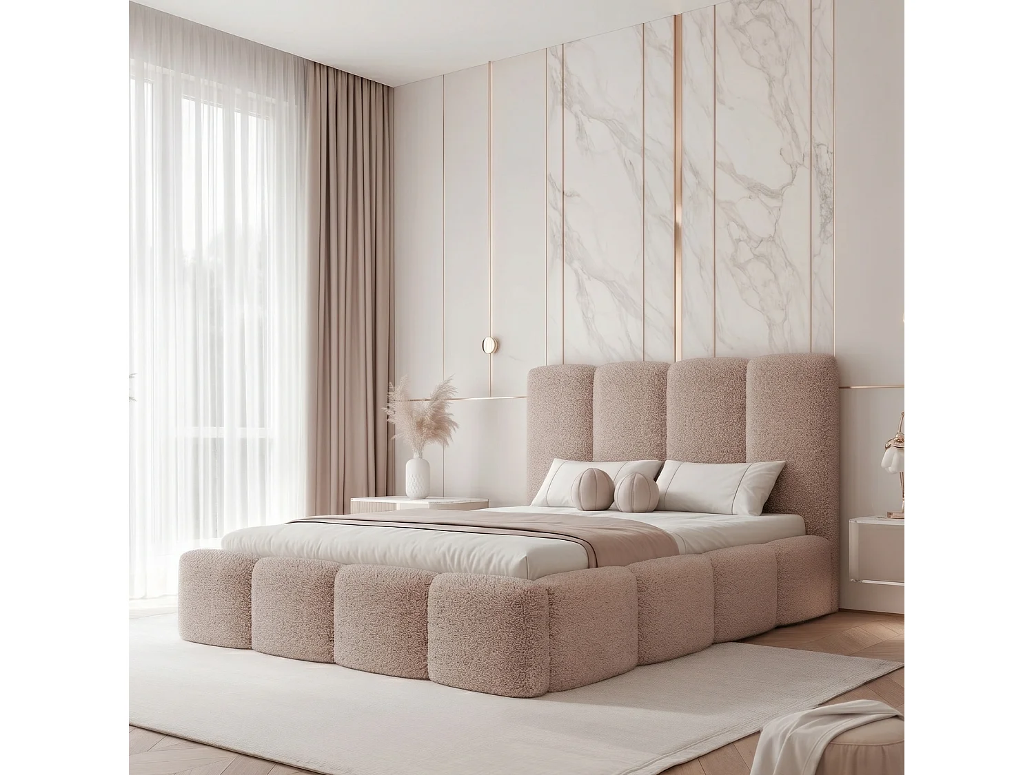 Lit Coffre King Size LANDARE 180x200 cm avec Sommier à Lattes - Tissu Bouclé Vieux Rose (Coral 45)