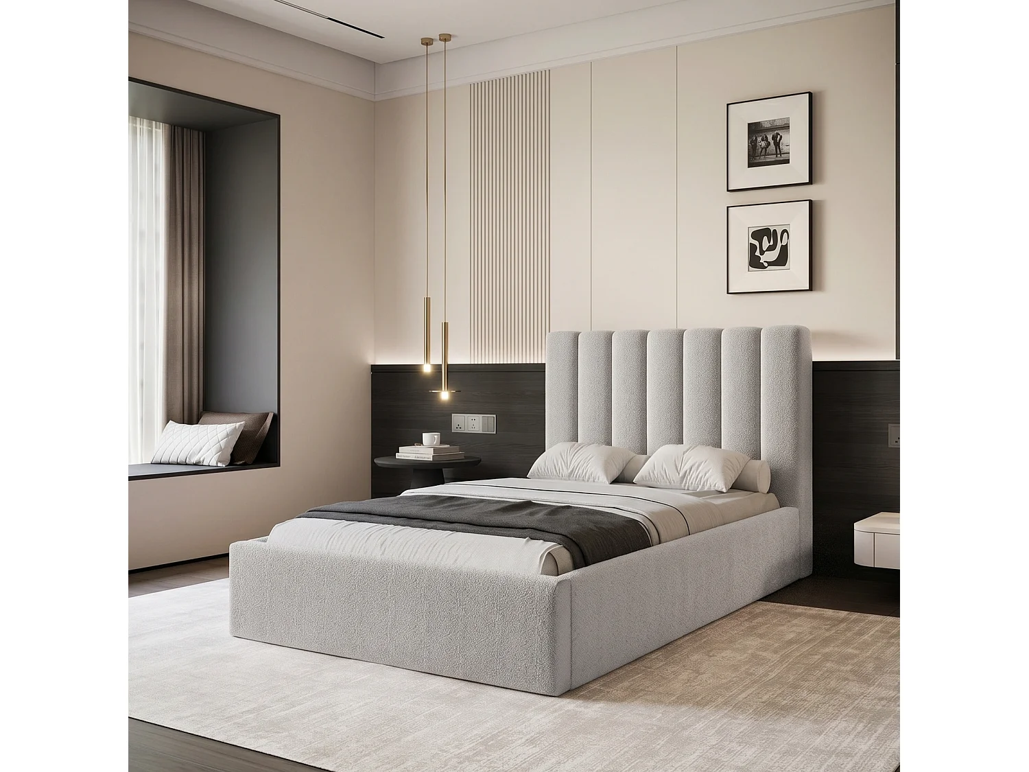 Lit Coffre CIERO 120x200 cm avec Sommier à Lattes - Tissu Bouclette Gris Clair (Abriamo)
