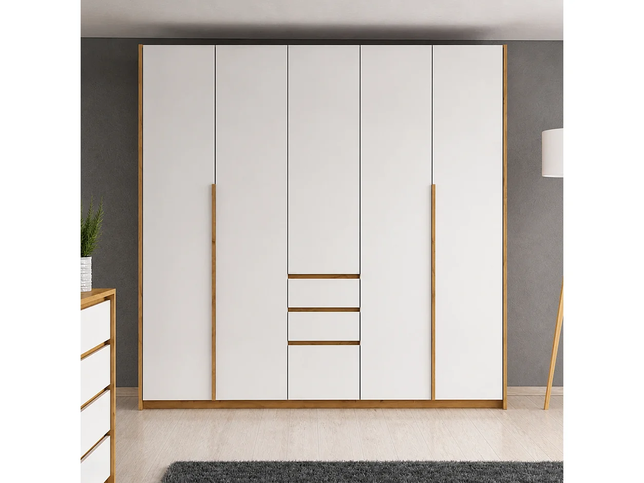 Kleiderschrank CORSA 225 cm mit Falttüren und 3 Schubladen - Eiche Craft Gold / Weiß