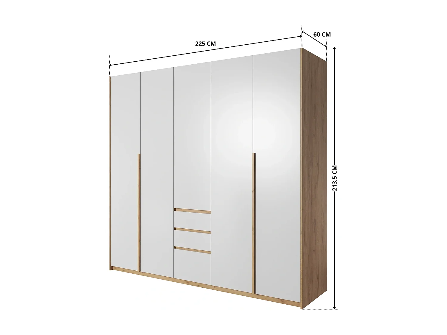 Kleiderschrank CORSA 225 cm mit Falttüren und 3 Schubladen - Eiche Craft Gold / Weiß