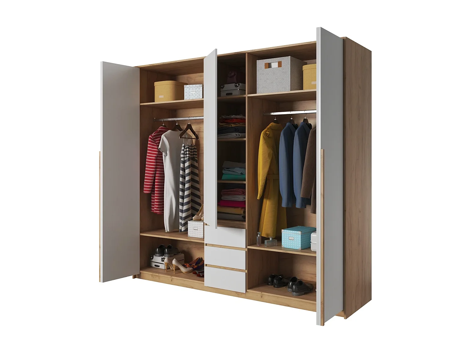 Kleiderschrank CORSA 225 cm mit Falttüren und 3 Schubladen - Eiche Craft Gold / Weiß