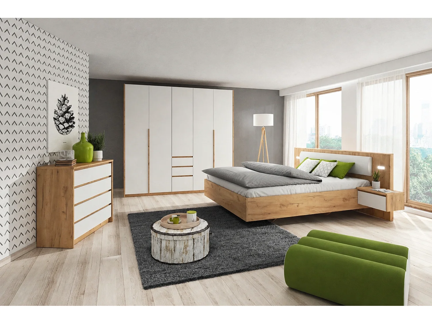 Kleiderschrank CORSA 225 cm mit Falttüren und 3 Schubladen - Eiche Craft Gold / Weiß