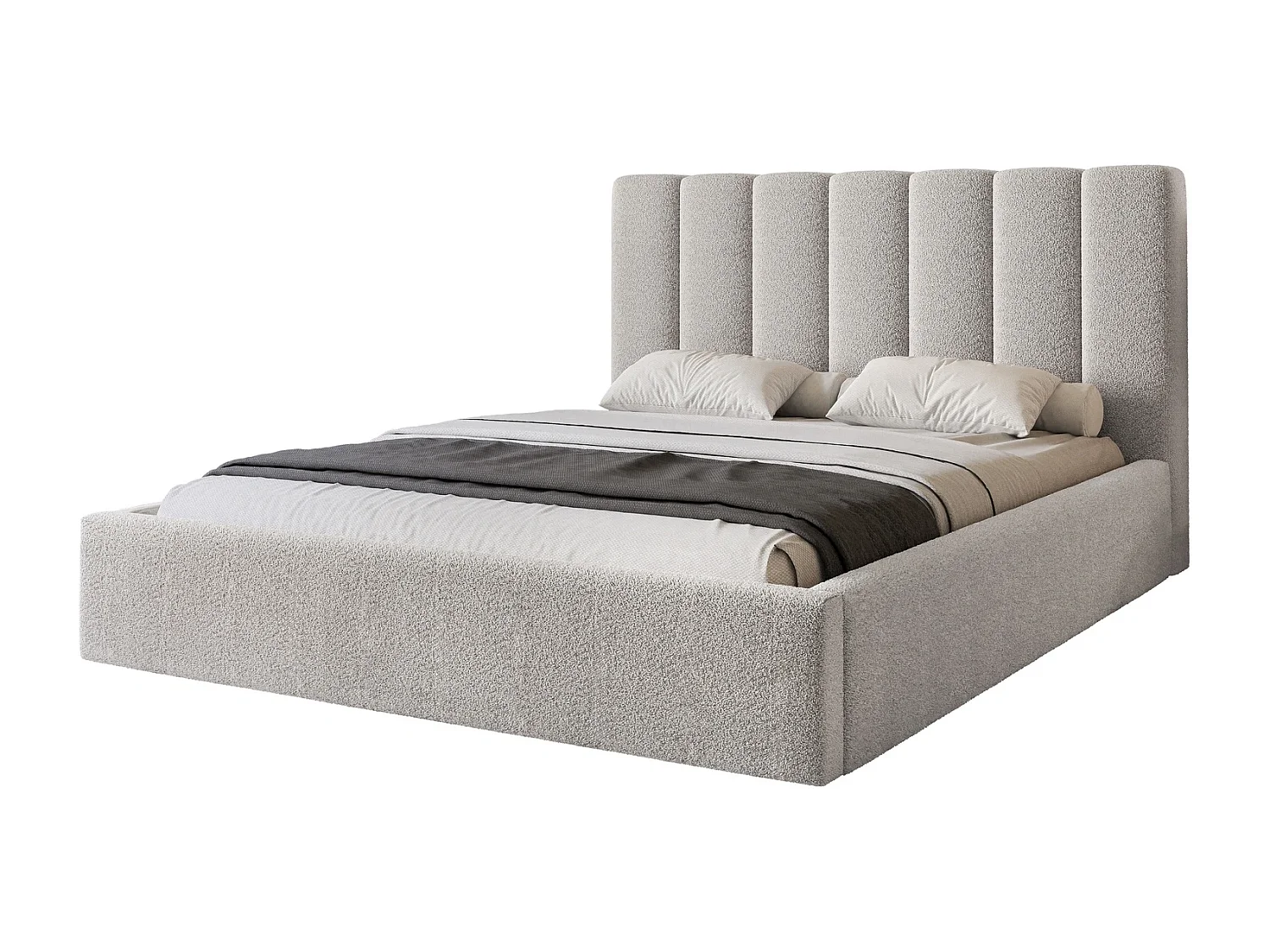 Lit Coffre 2 places CIERO 160x200 cm avec Sommier à Lattes - Tissu Bouclette Gris Clair (Abriamo)