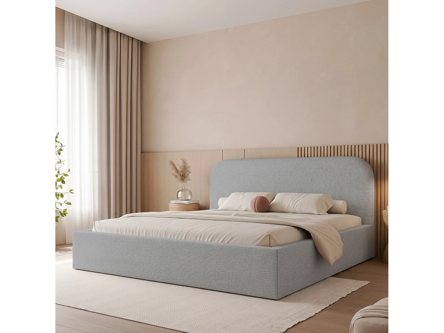 Lit Coffre XXL FUZZI 200x200 cm avec Sommier à Lattes - Tissu Texturé Bleu Gris (Lumi 84)