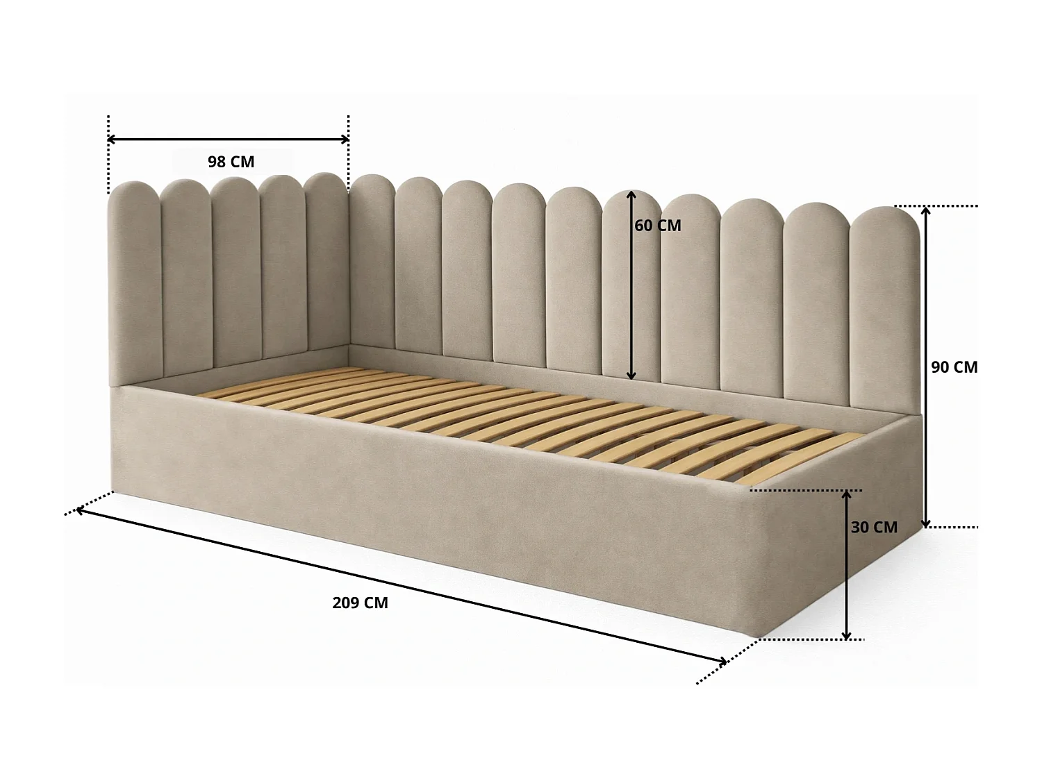 Lit Enfant et Ado Junior avec Panneaux Muraux Rembourrés - 100x200 cm - Velours Beige Froid - Coffre