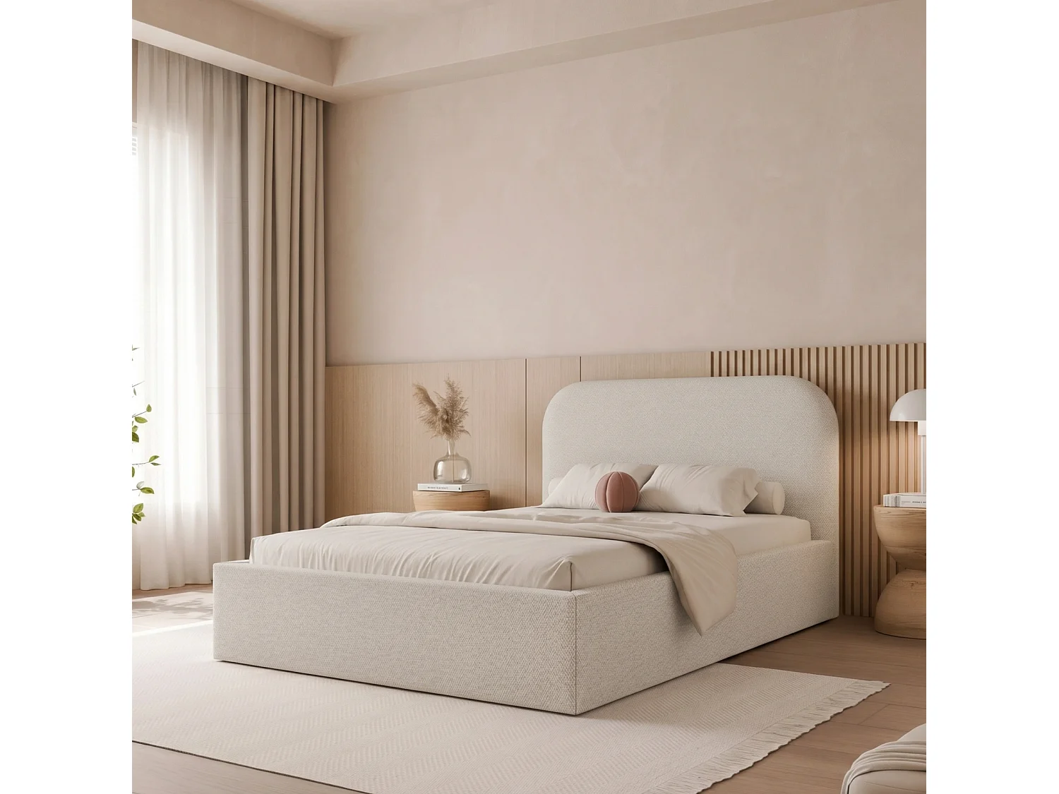 Lit Coffre 1 place et demi FUZZI 120x200 cm avec Sommier à Lattes - Tissu Texturé Beige (Lumi 04)