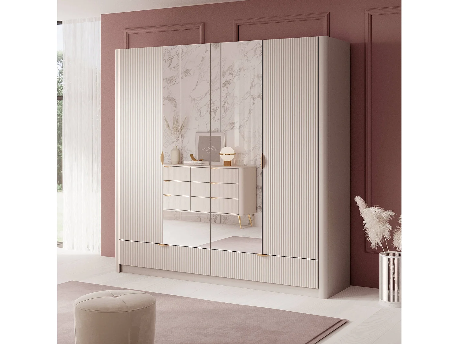 Luxus-Kleiderschrank Flore 4-türig mit Spiegel und Goldgriffen - Beige - 213 cm