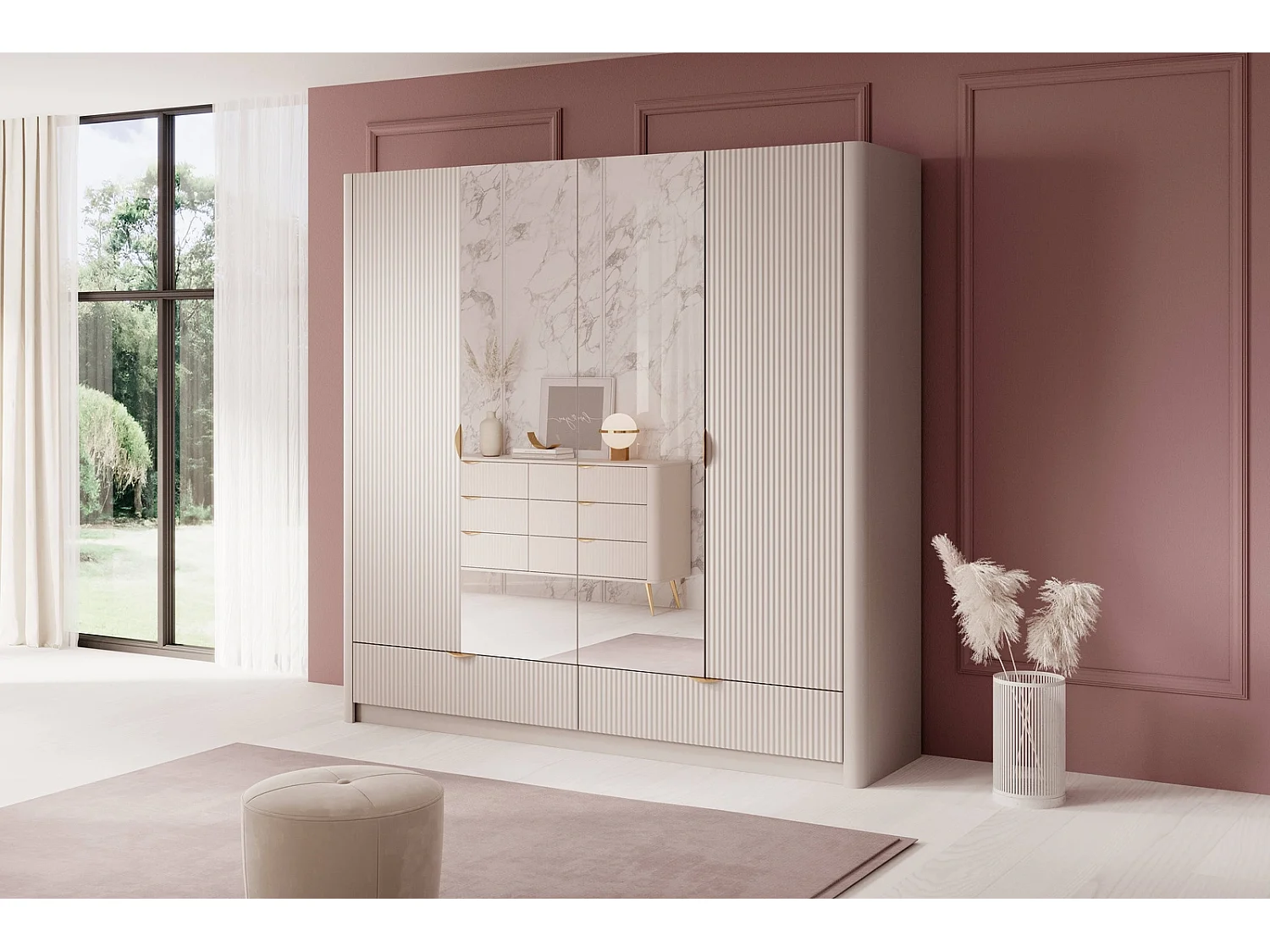 Luxus-Kleiderschrank Flore 4-türig mit Spiegel und Goldgriffen - Beige - 213 cm