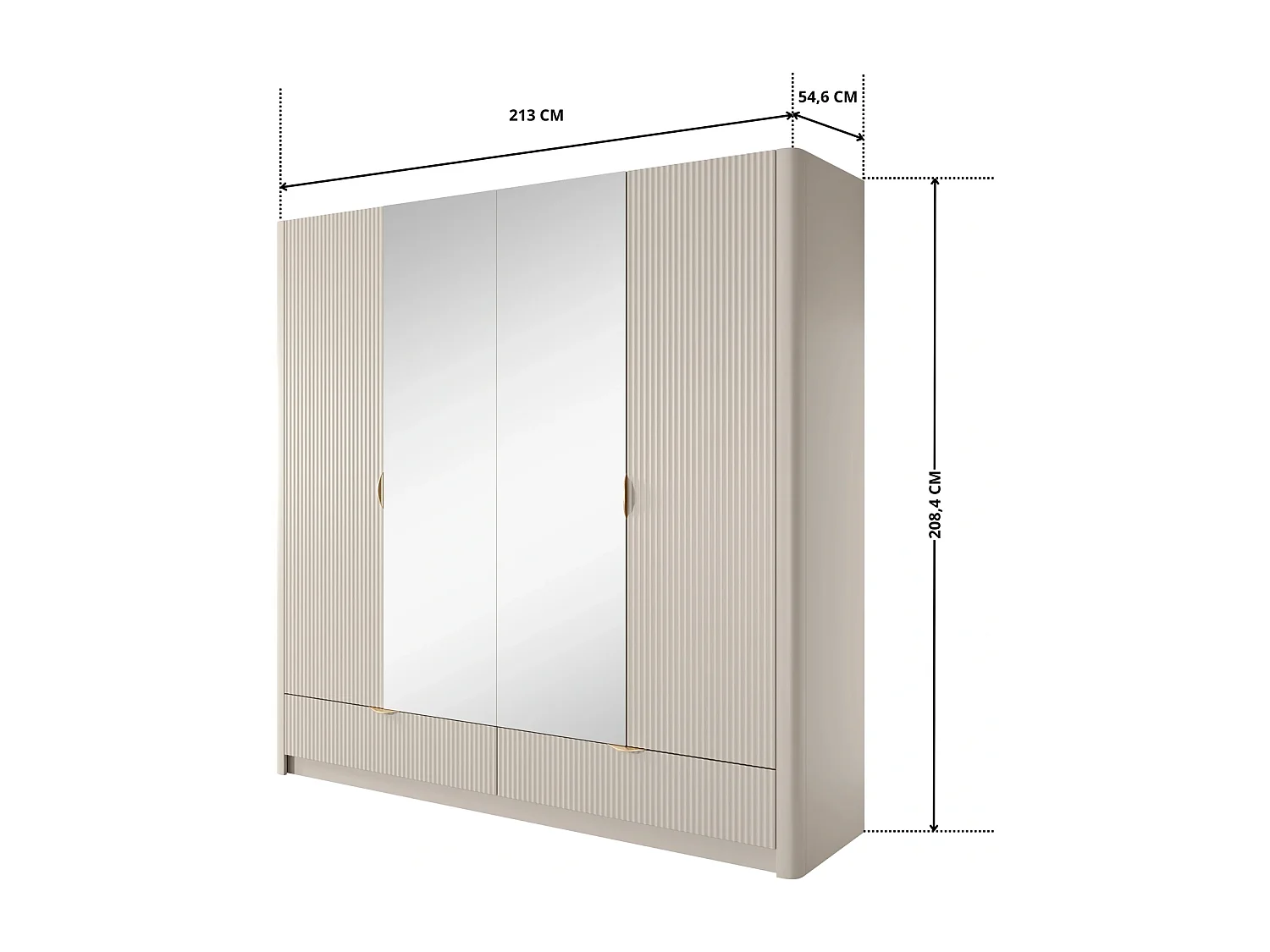 Luxus-Kleiderschrank Flore 4-türig mit Spiegel und Goldgriffen - Beige - 213 cm