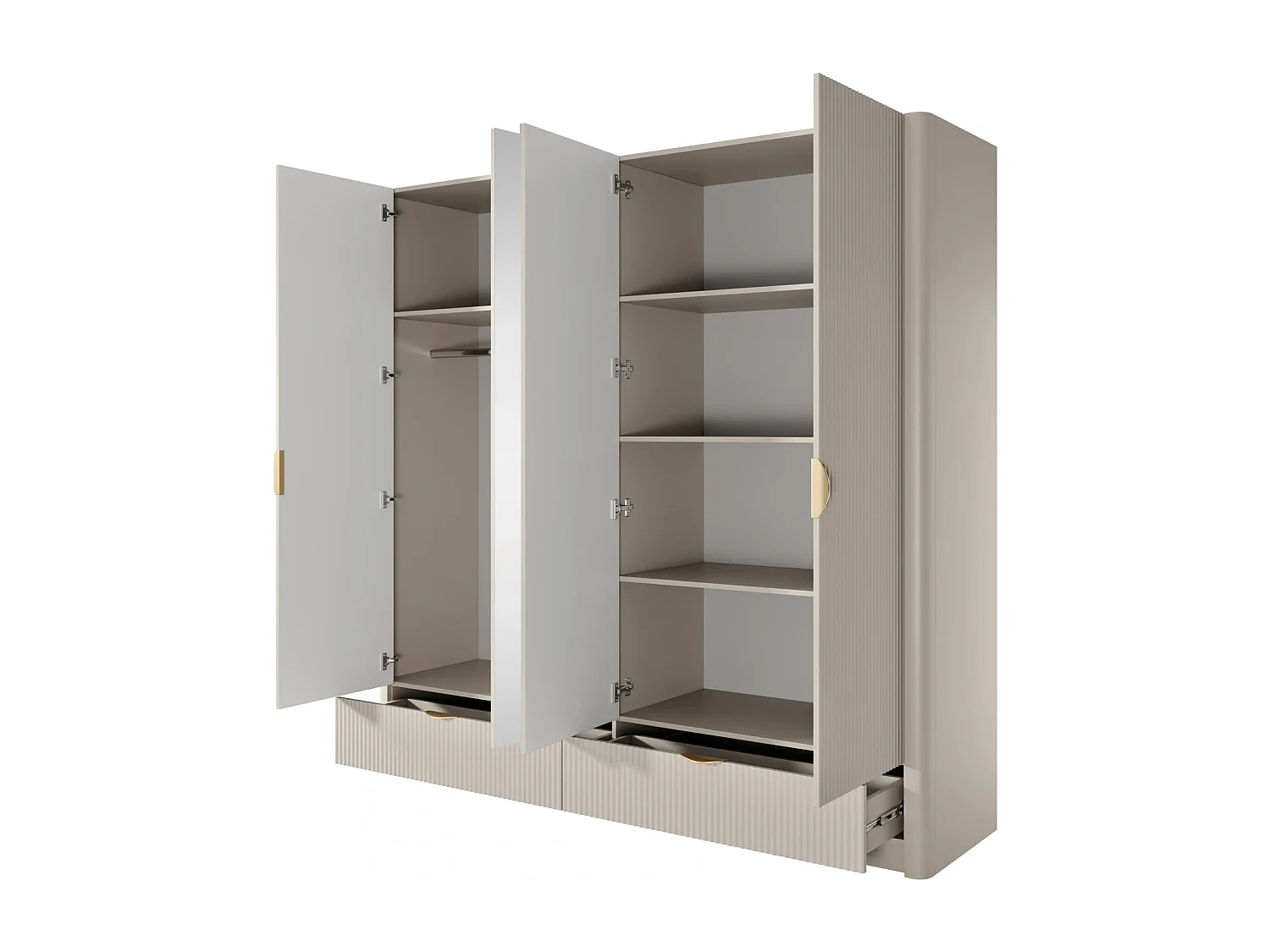 Luxus-Kleiderschrank Flore 4-türig mit Spiegel und Goldgriffen - Beige - 213 cm