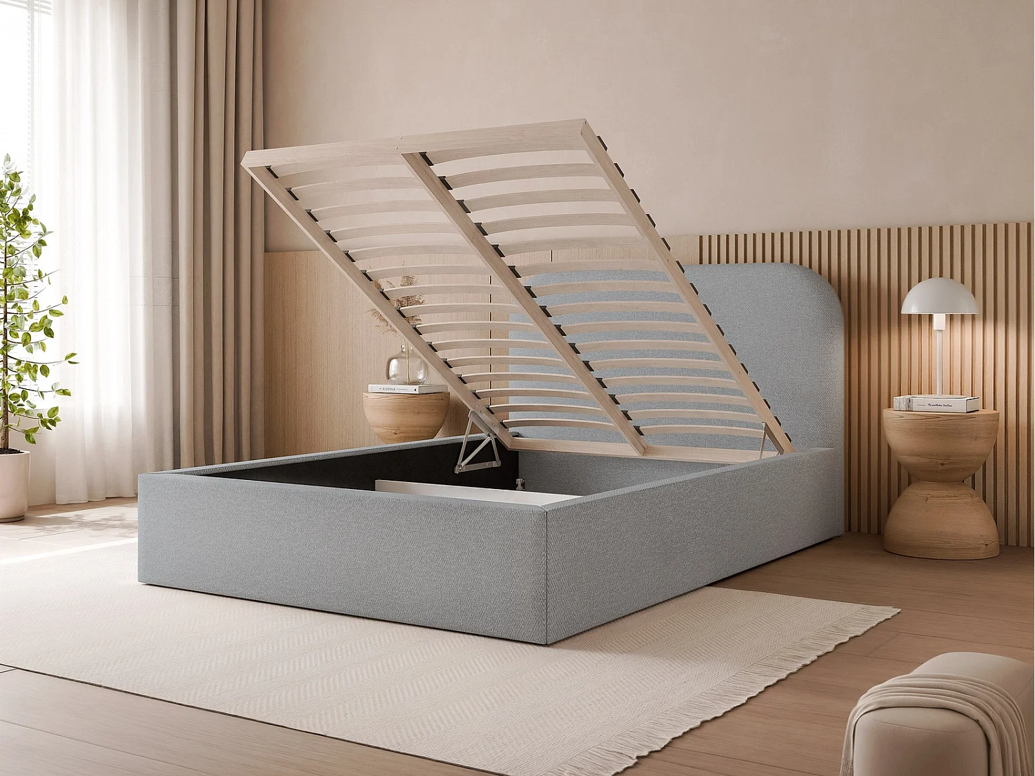 Lit Coffre King Size FUZZI 180x200 cm avec Sommier à Lattes - Tissu Texturé Terre Cuite (Lumi 56)