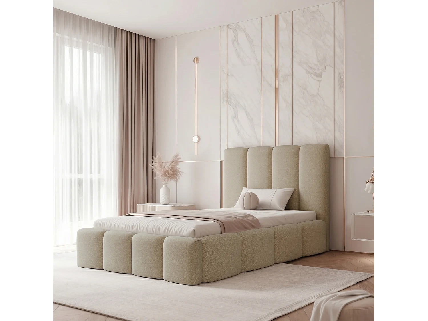 Lit Coffre LANDARE 120x200 cm avec Sommier à Lattes - Velours Beige (Melody 13)