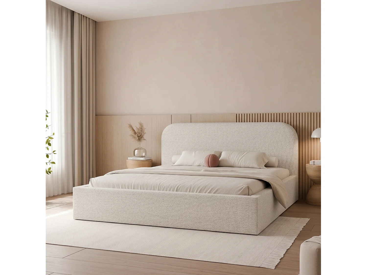 Lit Coffre 2 places FUZZI 160x200 cm avec Sommier à Lattes - Tissu Texturé Beige (Lumi 04)