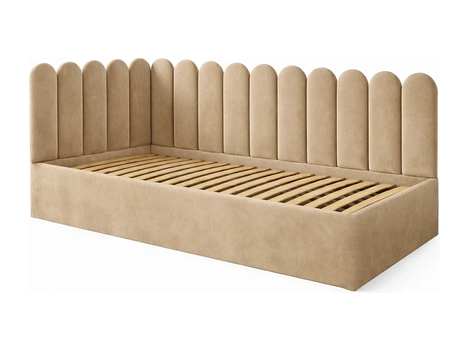 Lit Enfant et Ado Junior avec Panneaux Muraux Rembourrés - 120x200 cm - Velours Beige - Coffre