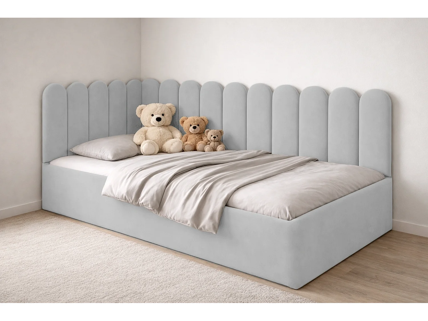 Lit Enfant et Ado Junior avec Panneaux Muraux Rembourrés - 90x200 cm - Velours Gris Clair - Coffre
