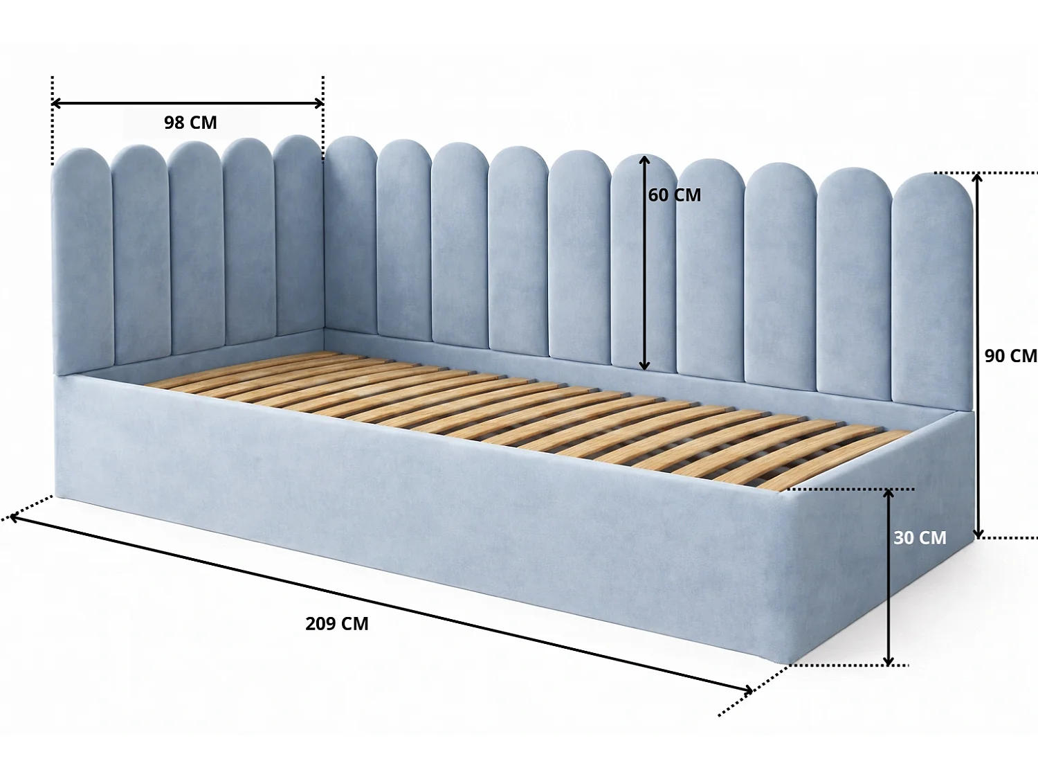 Lit Enfant et Ado Junior avec Panneaux Muraux Rembourrés - 100x200 cm - Velours Bleu Clair - Coffre
