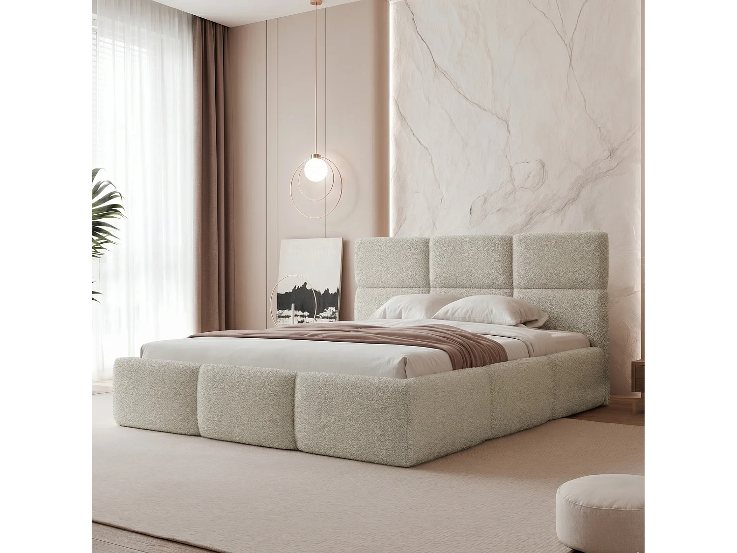 Lit Coffre 2 places VIVIEN 160x200 cm avec Sommier à Lattes - Tissu Bouclé Greige (Coral 65)