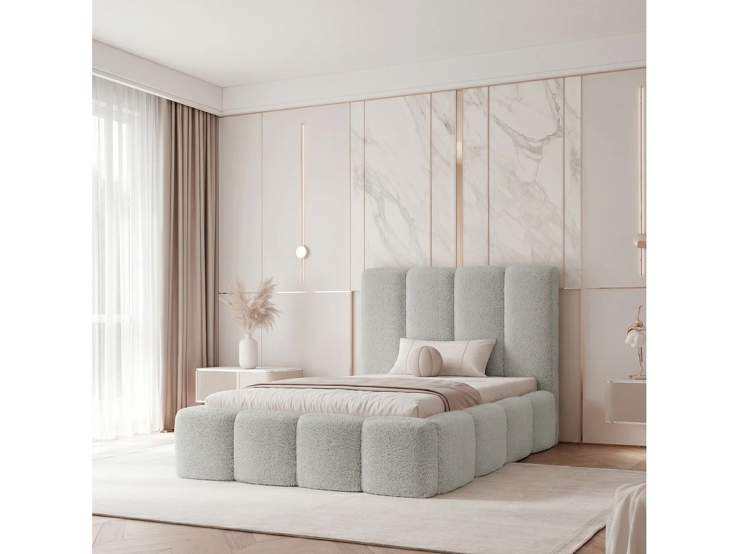 Lit Coffre LANDARE 120x200 cm avec Sommier à Lattes - Tissu Bouclé Gris Platine (Coral 85)