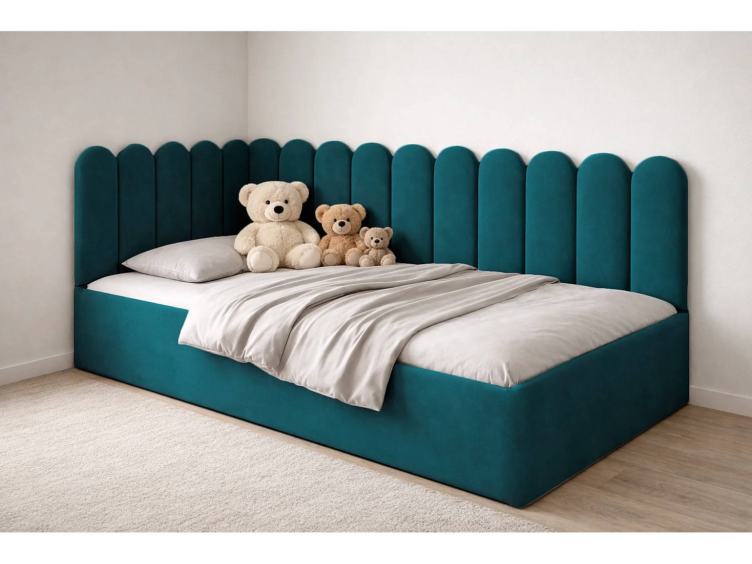 Lit Enfant et Ado Junior avec Panneaux Muraux Rembourrés - 80x200 cm - Velours Turquoise - Coffre
