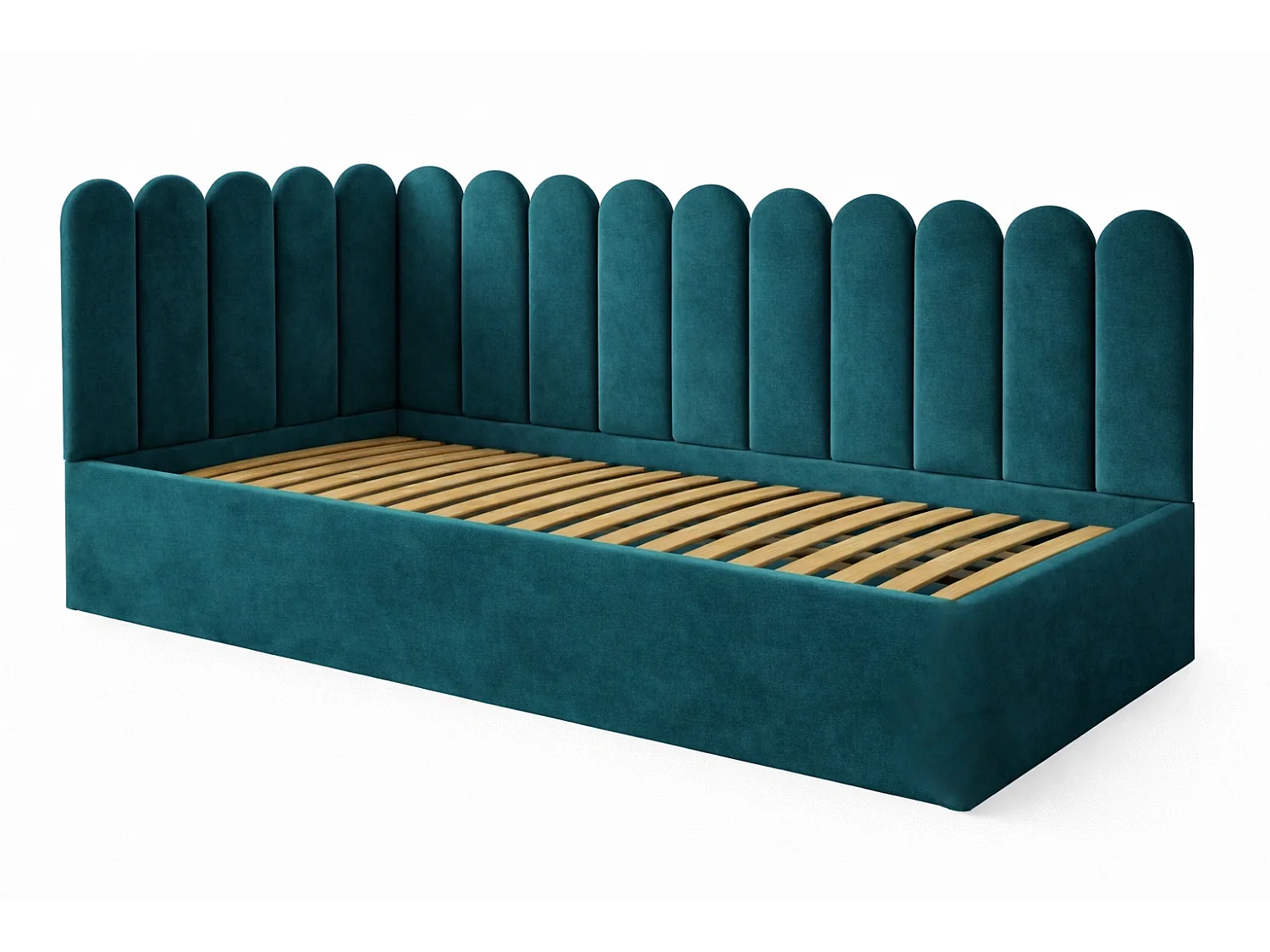 Lit Enfant et Ado Junior avec Panneaux Muraux Rembourrés - 80x200 cm - Velours Turquoise - Coffre