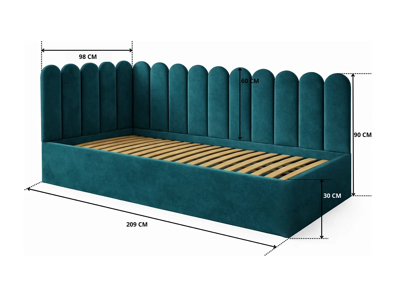 Lit Enfant et Ado Junior avec Panneaux Muraux Rembourrés - 80x200 cm - Velours Turquoise - Coffre
