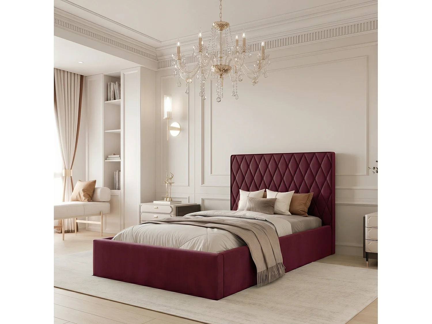 Lit Coffre Compact PONTI 120x200 cm avec Sommier à Lattes - Bordeaux (Magic Velvet)