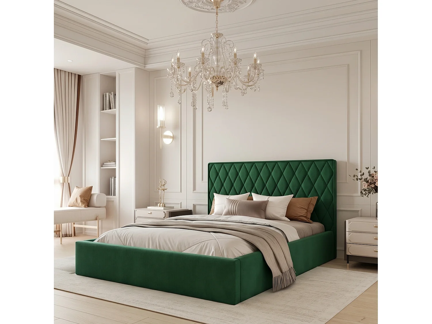 Lit Coffre Compact 2 places PONTI 140x200 cm avec Sommier à Lattes - Vert Bouteille (Magic Velvet)