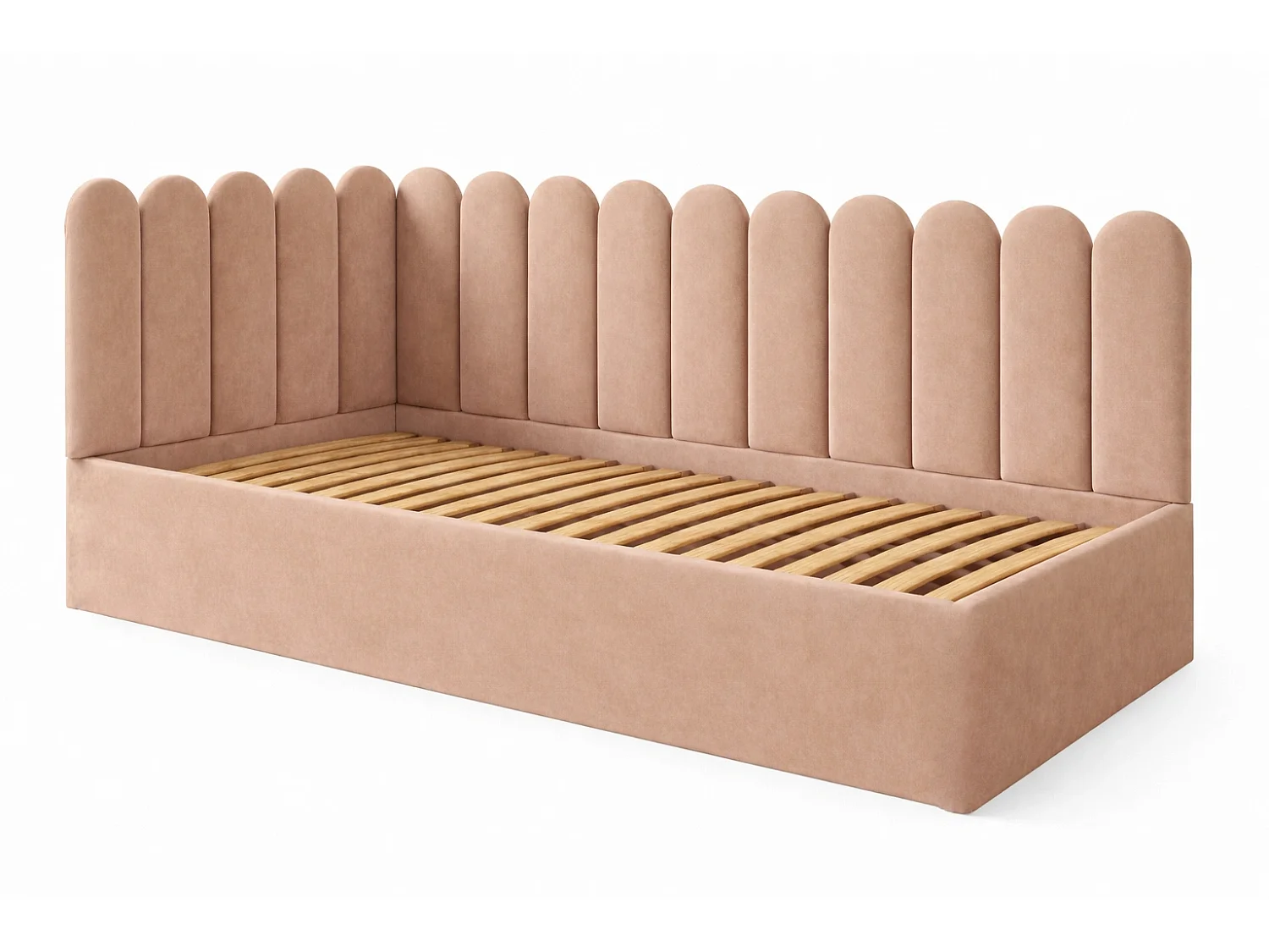 Lit Enfant et Ado Junior avec Panneaux Muraux Rembourrés - 90x200 cm - Velours Rose Poudré - Coffre