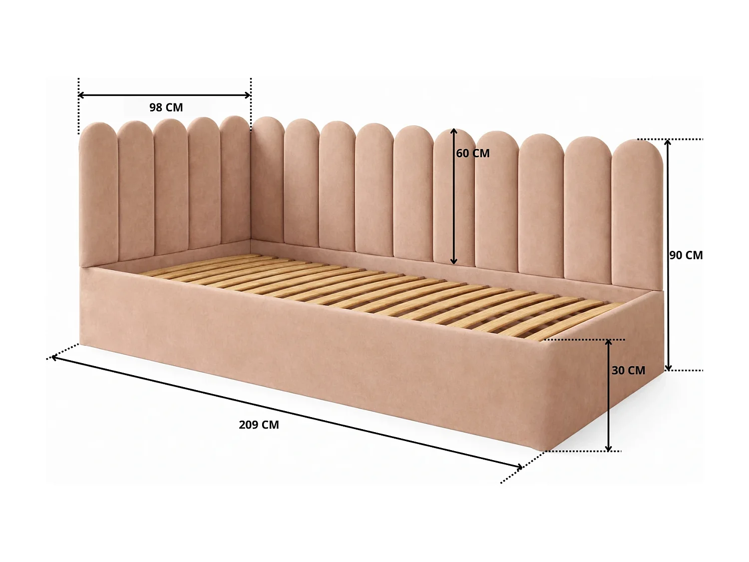 Lit Enfant et Ado Junior avec Panneaux Muraux Rembourrés - 90x200 cm - Velours Rose Poudré - Coffre