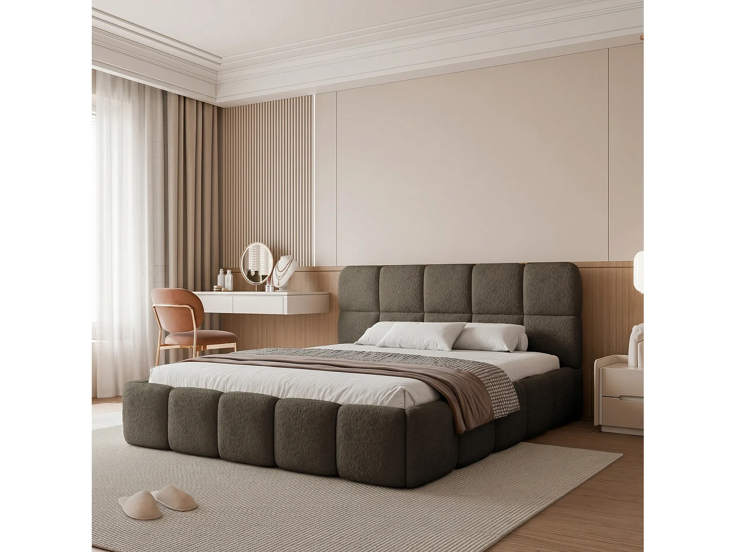 Lit Coffre King Size CERETTO 180x200 cm avec Sommier à Lattes - Tissu Texturé Brun Café (Legend 07)