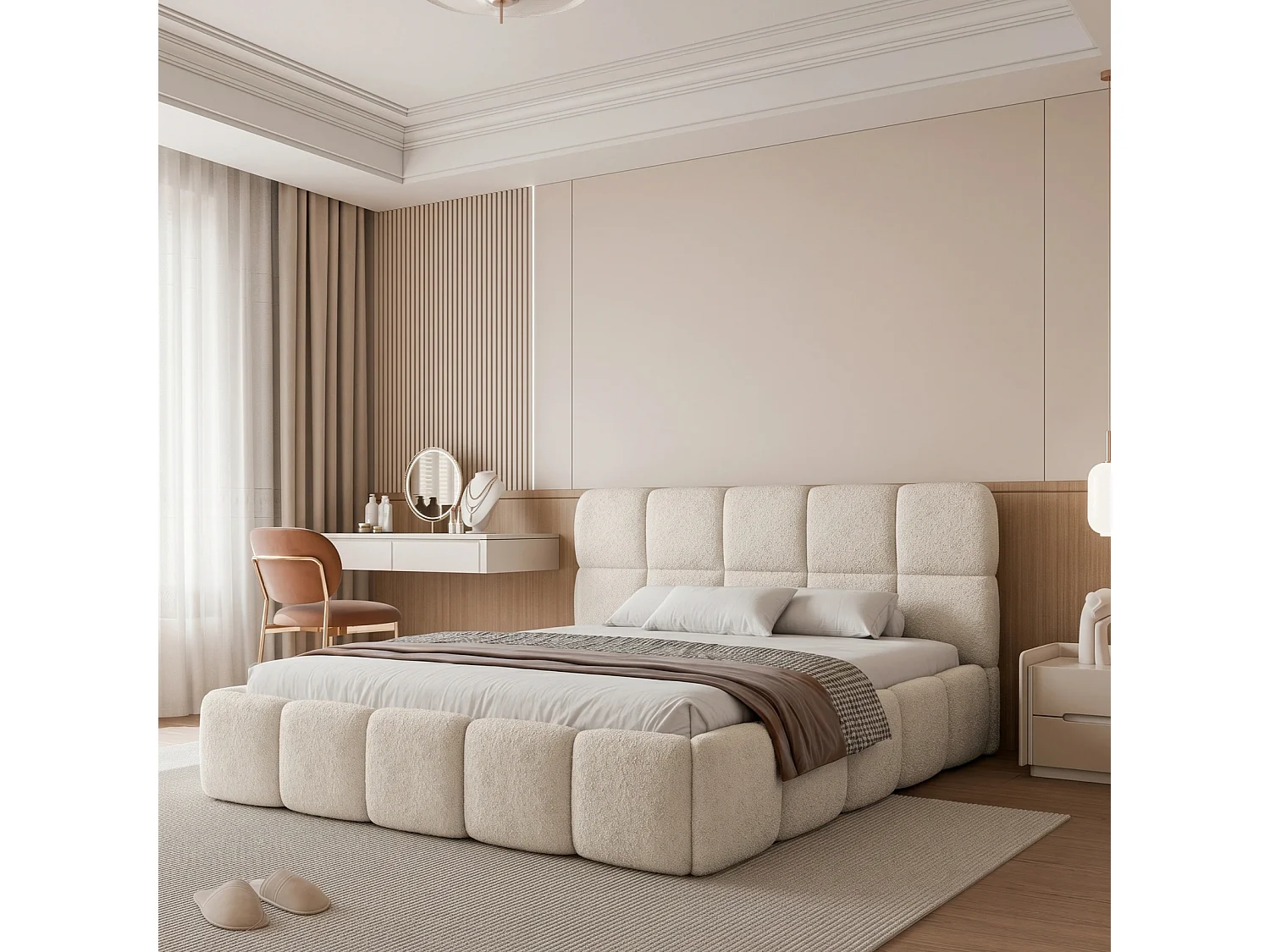 Lit Coffre 2 places CERETTO 140x200 cm avec Sommier à Lattes - Tissu Texturé Beige Clair (Legend 02)