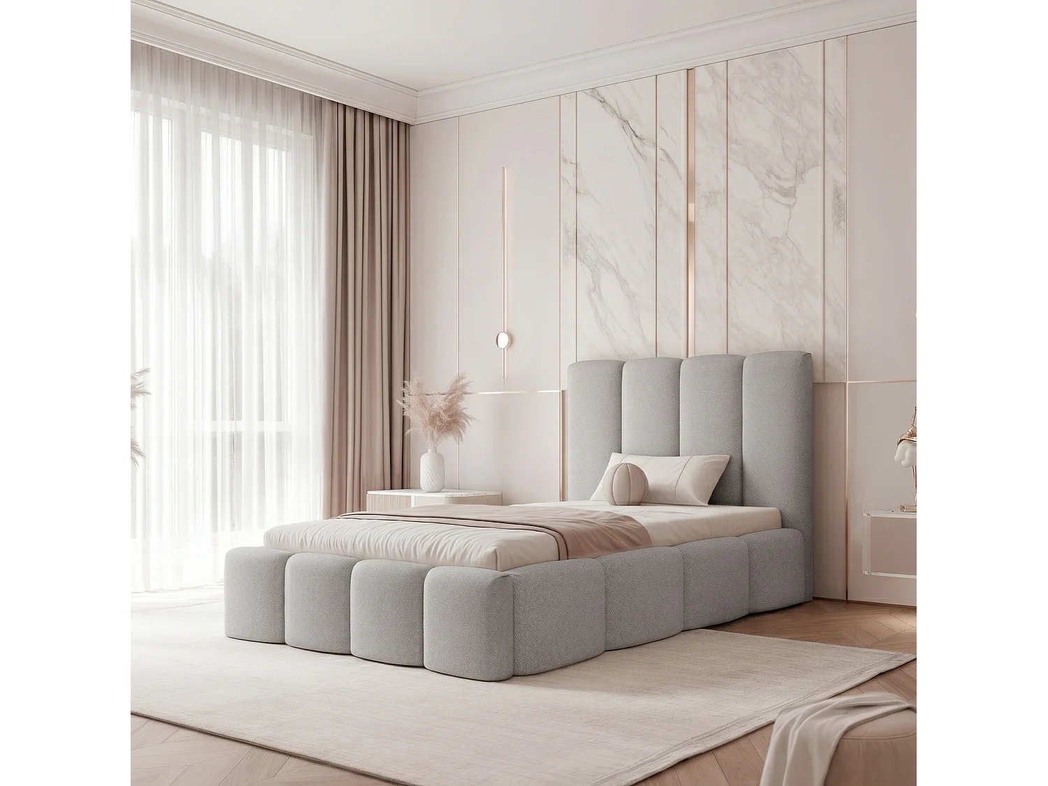Lit Coffre LANDARE 120x200 cm avec Sommier à Lattes - Velours Gris Argent (Melody 02)