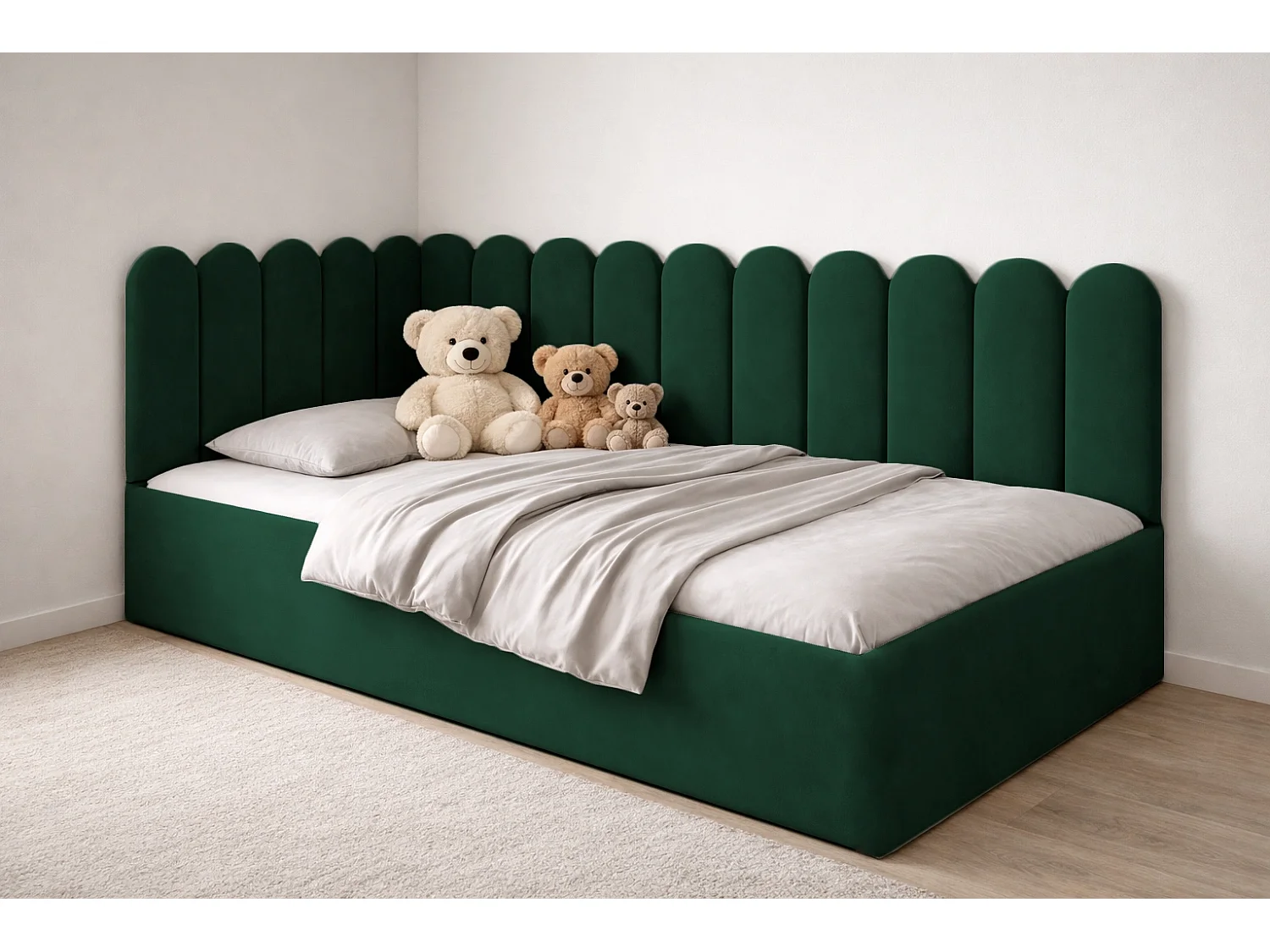 Lit Enfant et Ado Junior avec Panneaux Muraux Rembourrés - 80x200 cm - Velours Vert Foncé - Coffre
