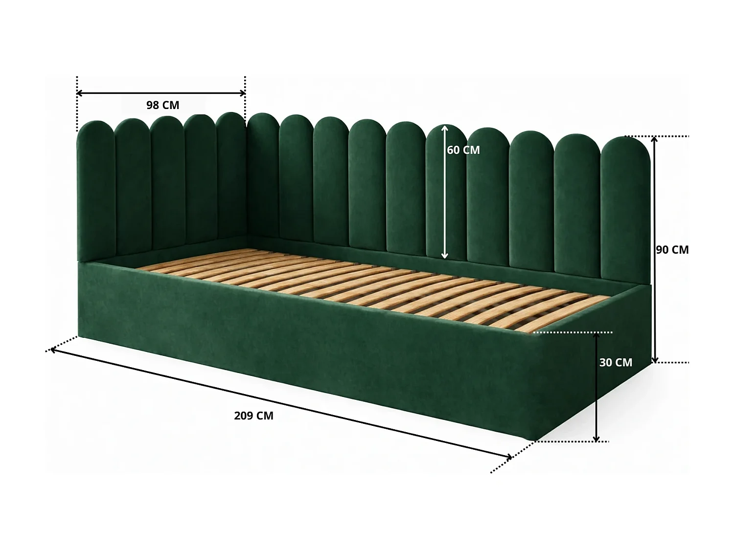 Lit Enfant et Ado Junior avec Panneaux Muraux Rembourrés - 80x200 cm - Velours Vert Foncé - Coffre