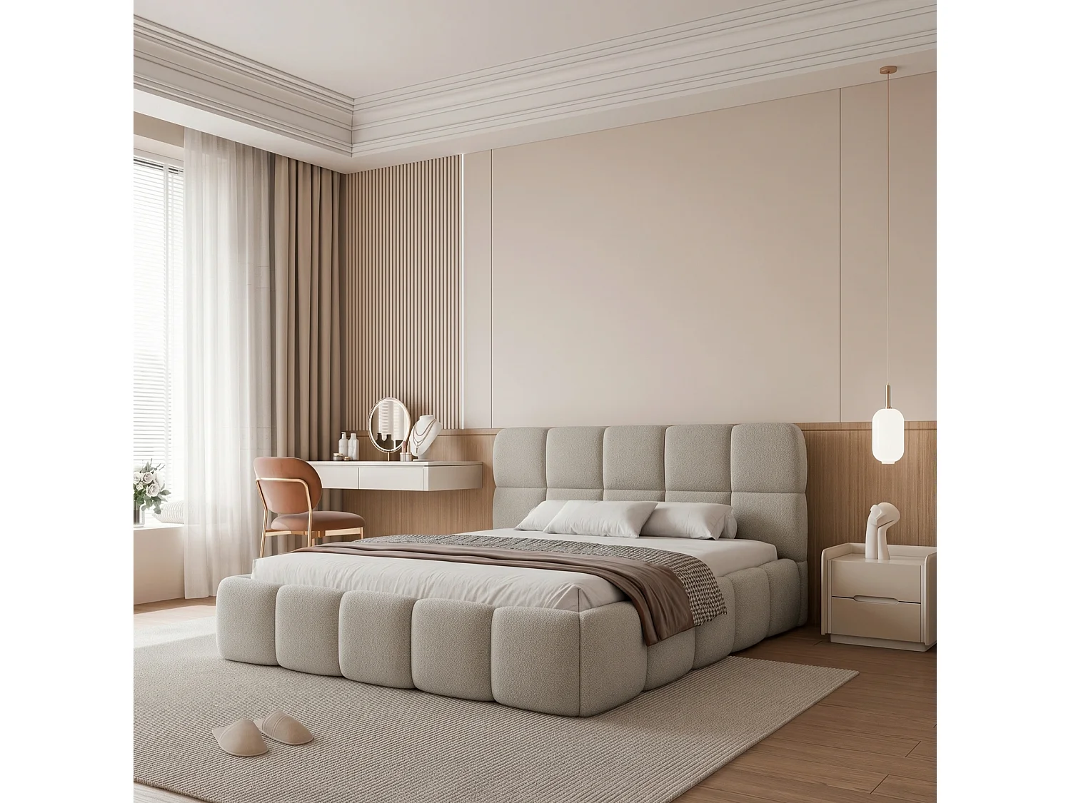 Lit Coffre 2 places CERETTO 140x200 cm avec Sommier à Lattes - Tissu Bouclé Beige Froid (Quelle 05)