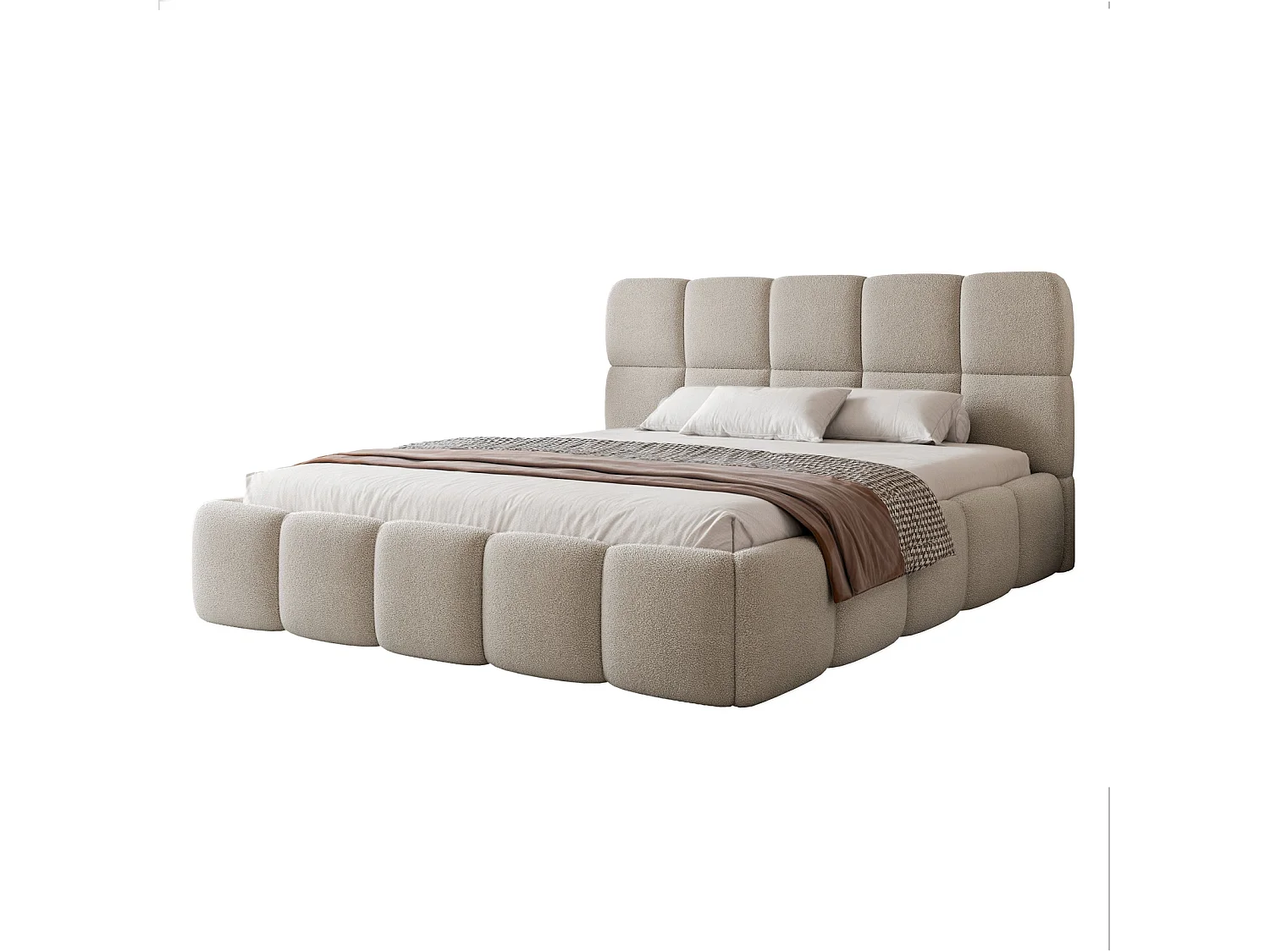 Lit Coffre 2 places CERETTO 140x200 cm avec Sommier à Lattes - Tissu Bouclé Beige Froid (Quelle 05)