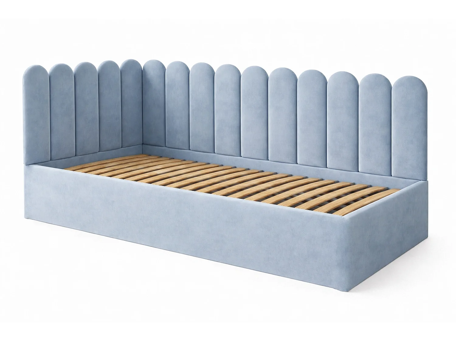Lit Enfant et Ado Junior avec Panneaux Muraux Rembourrés - 80x200 cm - Velours Bleu Clair - Coffre