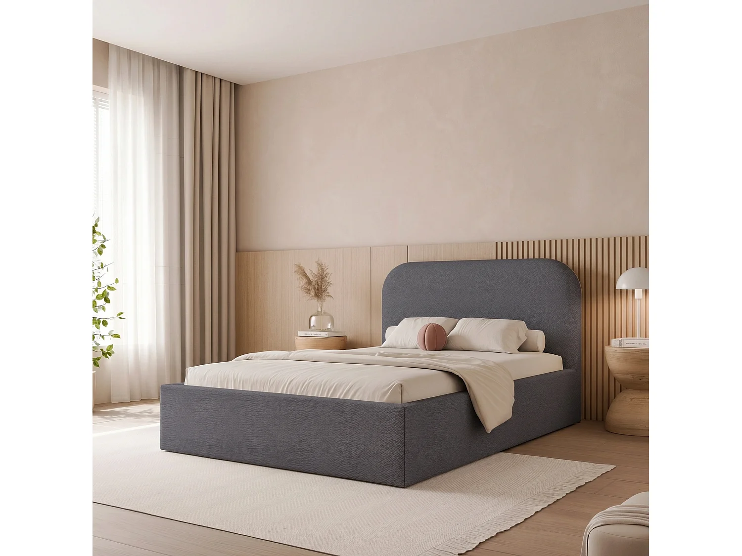 Lit Coffre 1 place et demi FUZZI 120x200 cm avec Sommier à Lattes - Tissu Texturé Bleu Gris Foncé (Lumi 71)